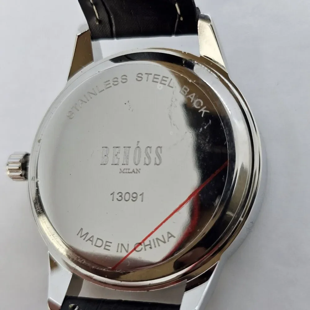 Benoss‎ Milan 38MM Men's Watch Black Dial Day Date Indicator Black Leather Bands
